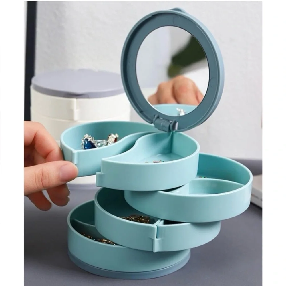 NEW 4-Tier Blue Rotating Jewelry Organizer w/ Mirror